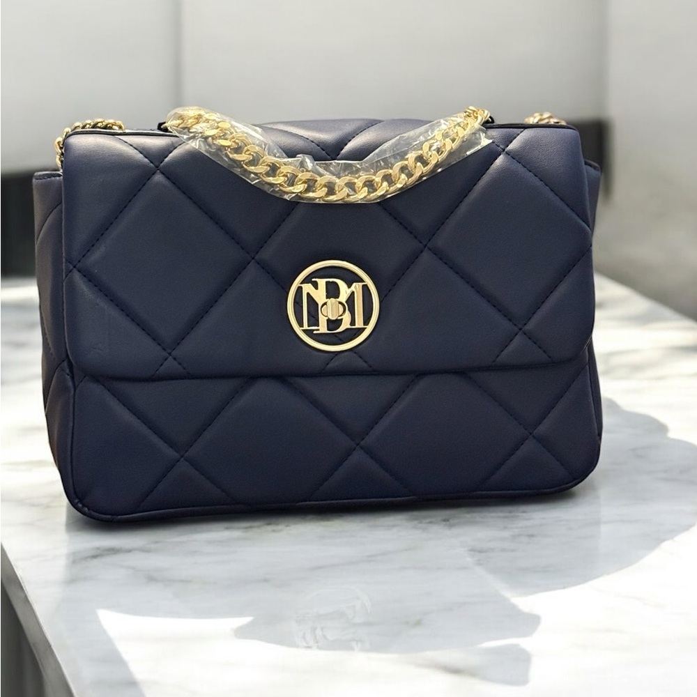 Elegant Navy Quilted Badgley Mischka Crossbody Handbag with Gold Chain